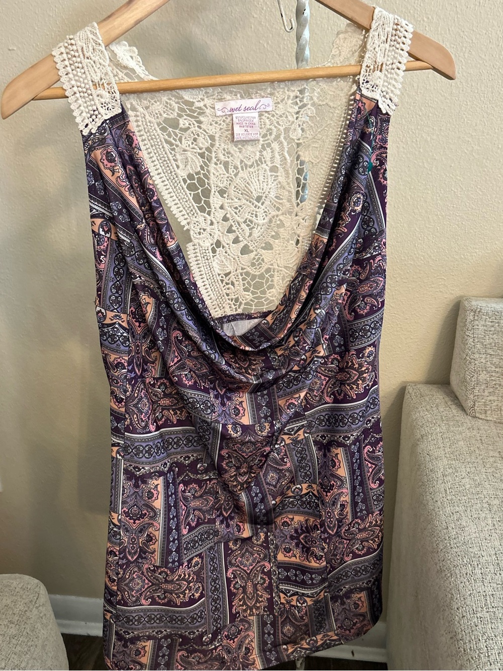 Wet Seal Bratz Purple Boho Paisley Crochet Y2K Cowl Neck Halter Top XL